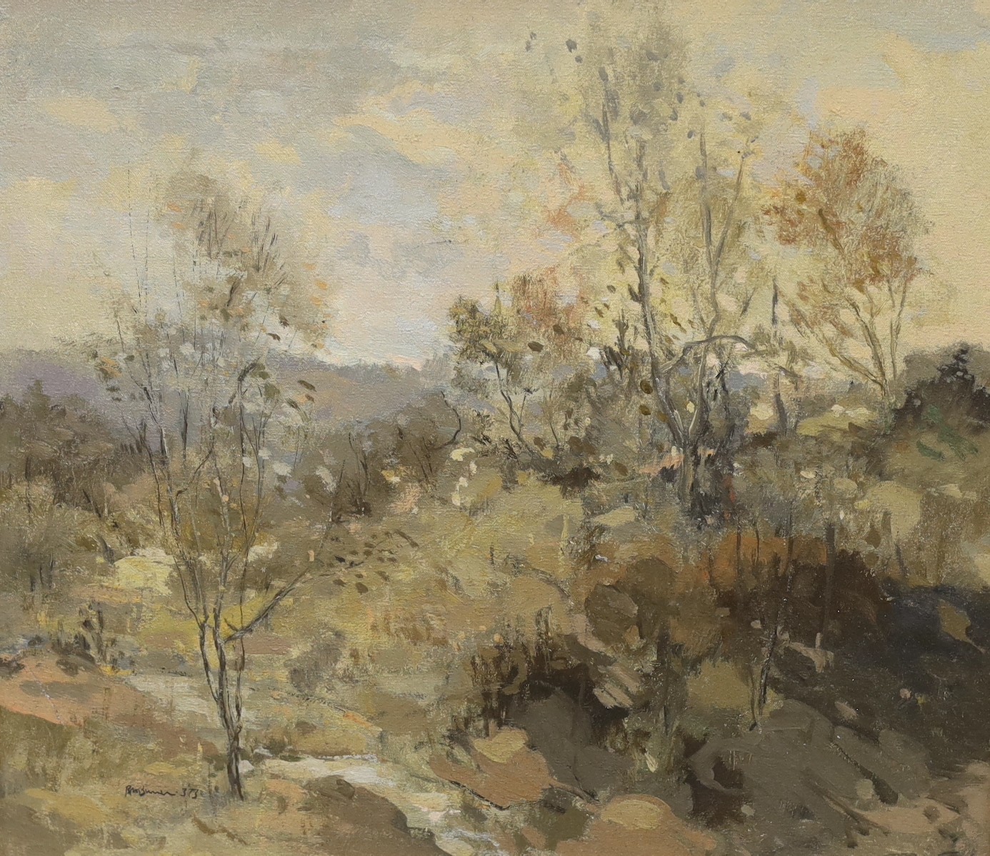 RMB, oil on canvas, Hillside scene, signed and dated '73, 45 x 50cm